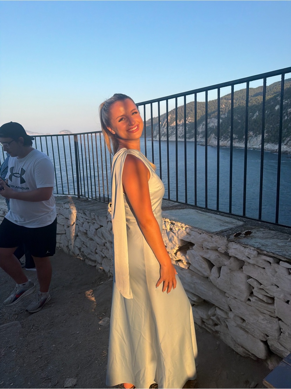 Peppermayo Pale Blue Satin Maxi Dress with Draped Shoulder Ties